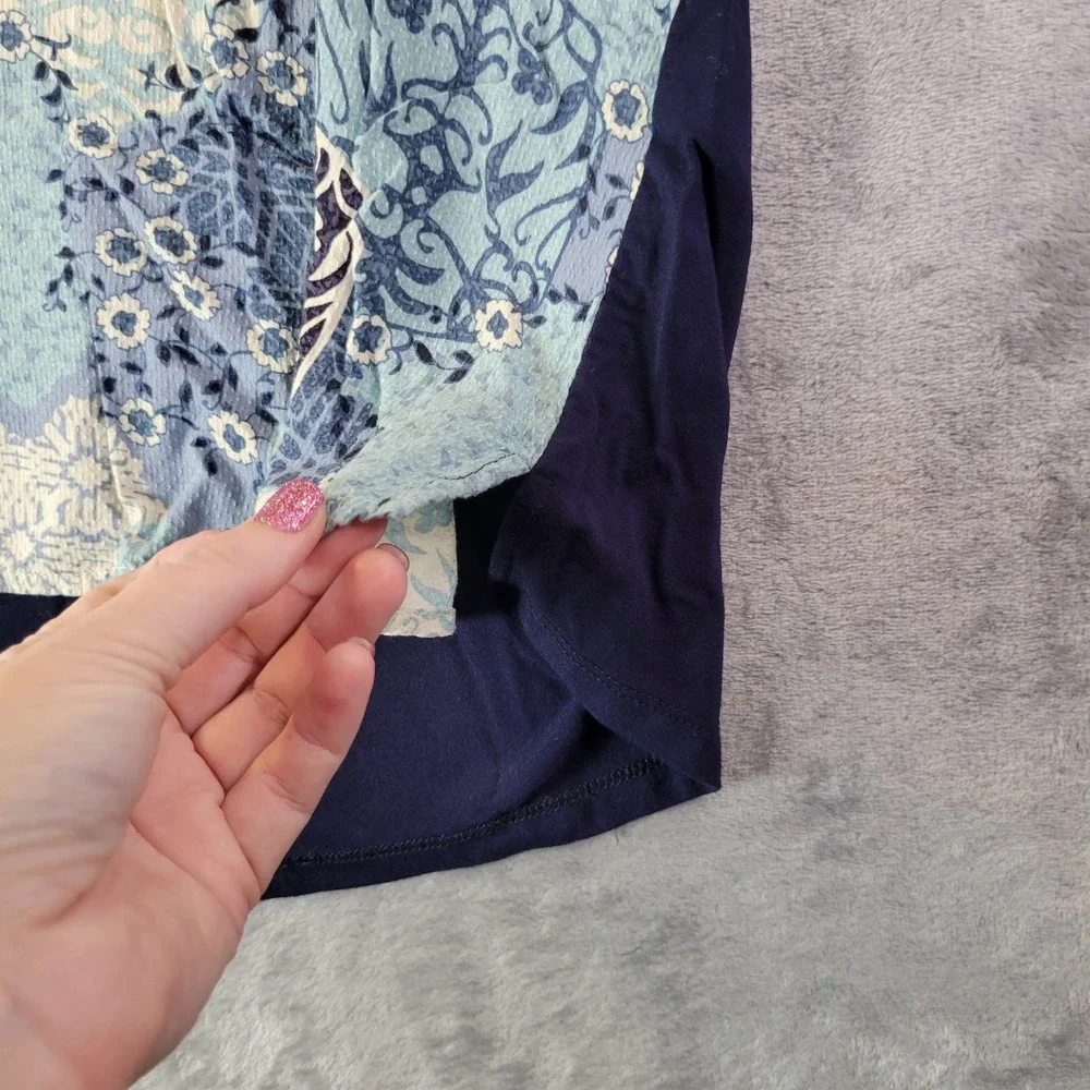 Avenue Womens Blue Patchwork Mixed Media Top‎ 18 20 Short Sleeve Boho Casual - Picture 6 of 10